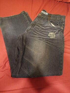 Men's Straight Jeans in Dark Blue Wash with Subtle Distress